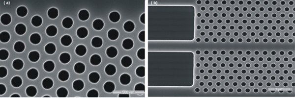 (a) Photonic crystals of 300nm pitch and 180nm hole  dia  and (b) W1 photonic crystal waveguide  fabricated by 193nm lithography technology.